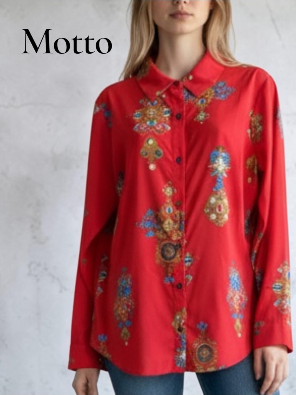 Motto Size 10 Red Baroque Jewel Print Button Down Blouse Long Sleeve Statement - Picture 2 of 7